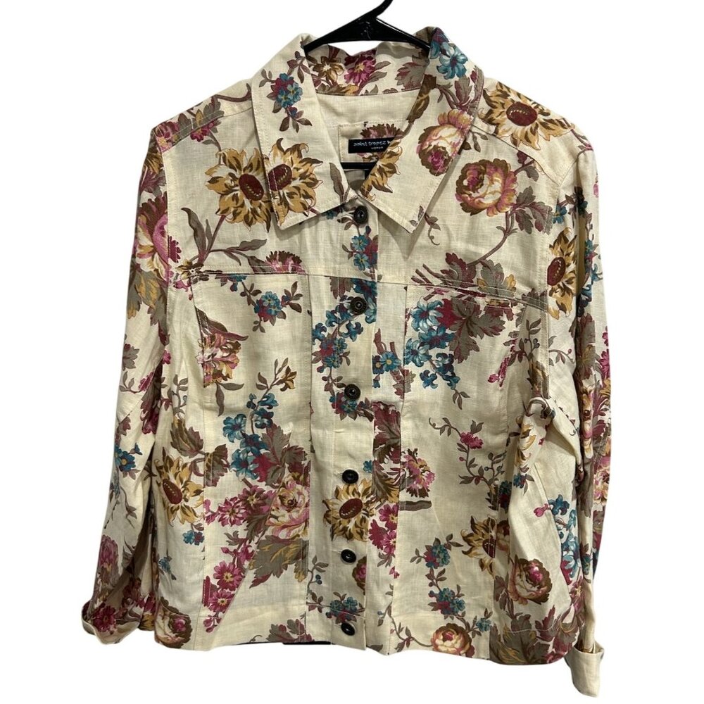 Saint Tropez West Floral Linen Jacket Button Down Size 1X Beige Lightweight